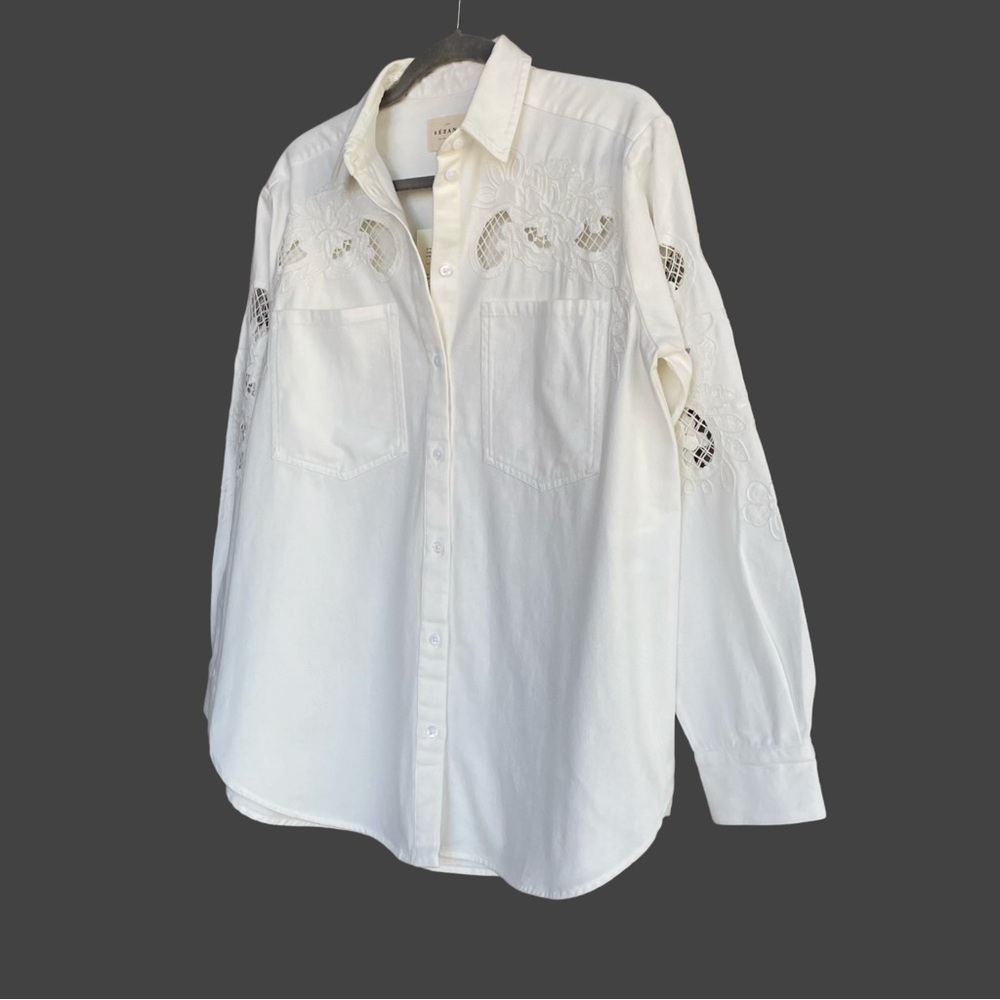 SEZANE NWT Ecru Floral Embroidered Cut Out Oversized Button Down Naora Shirt - Picture 14 of 17